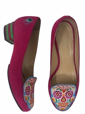 Rare Charlotte Olympia Sugar Skull Pink Suede Embroidered Round Toe Loafers 4